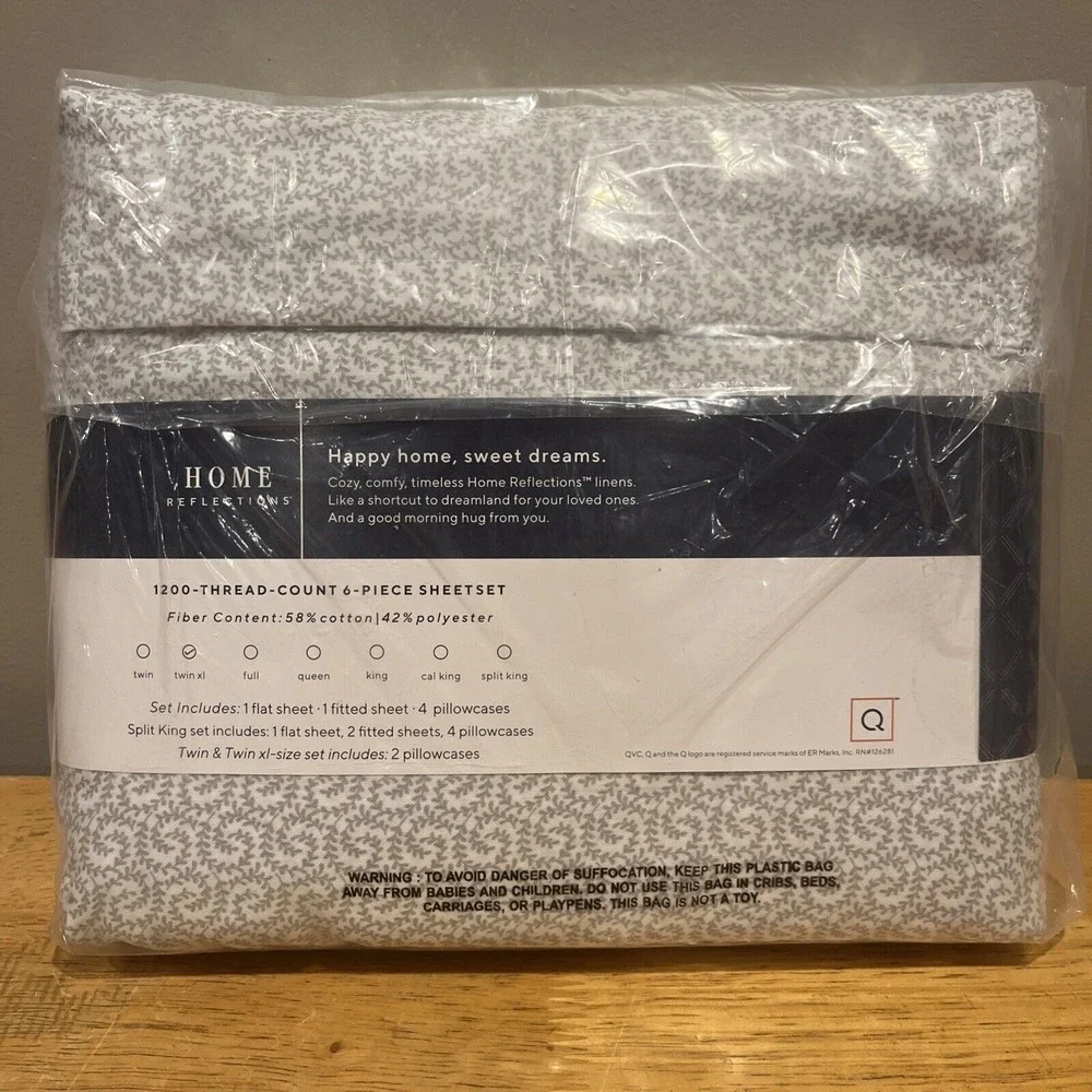 Home Reflections 4 PC 1200 Thread Count Twin XL Leaf Pattern‎ QVC Sheet Set